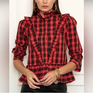 NWT THE SHIRT BY ROCHELLE BEHRENS PLAID RUFFLE PEPLUM LONG SLEEVES WOMENS LARGE